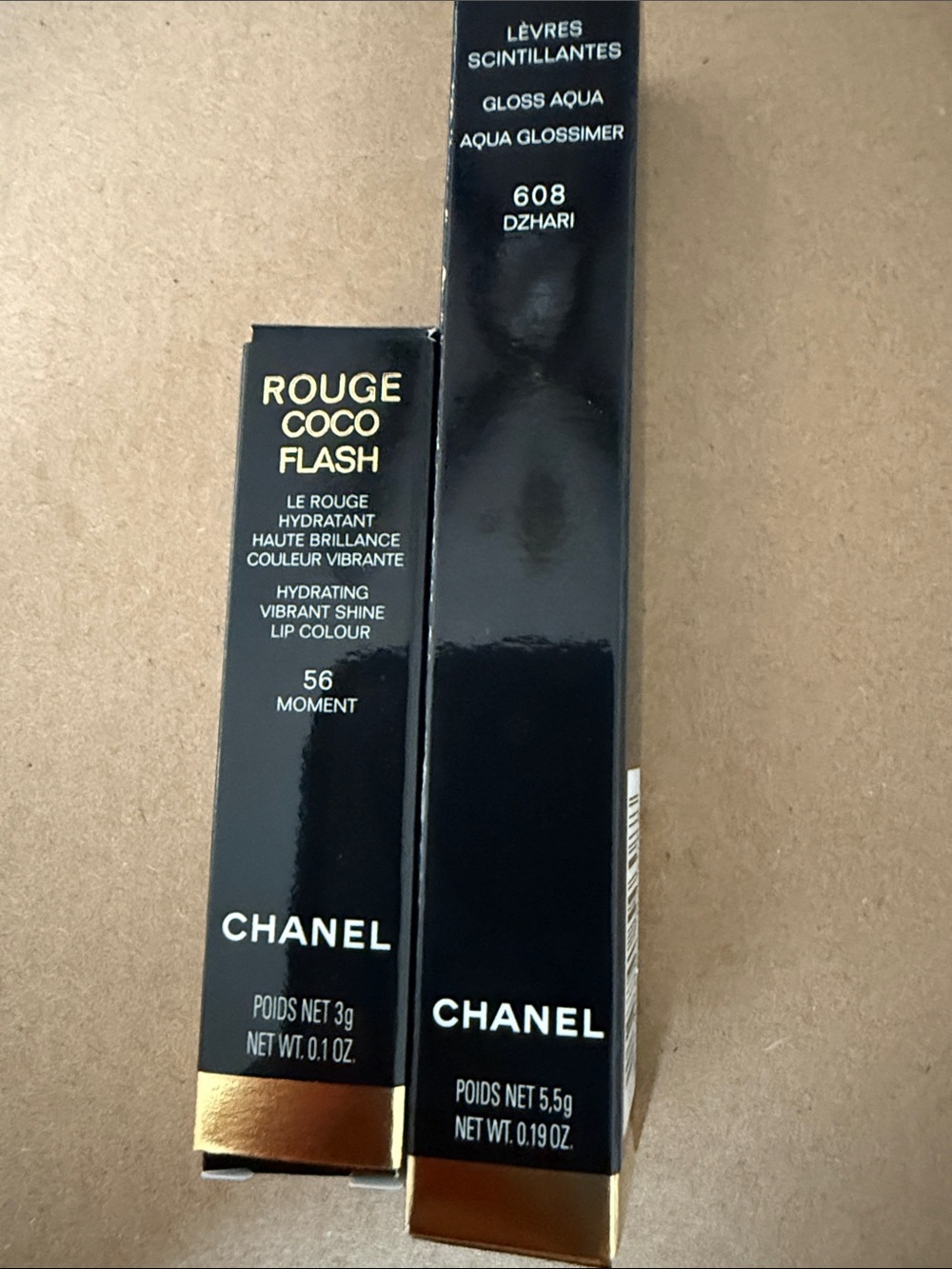 CHANEL Rouge Coco Flash Hydrating Lip Colour 56 Moment + Gloss Aqua 608 Dzhari